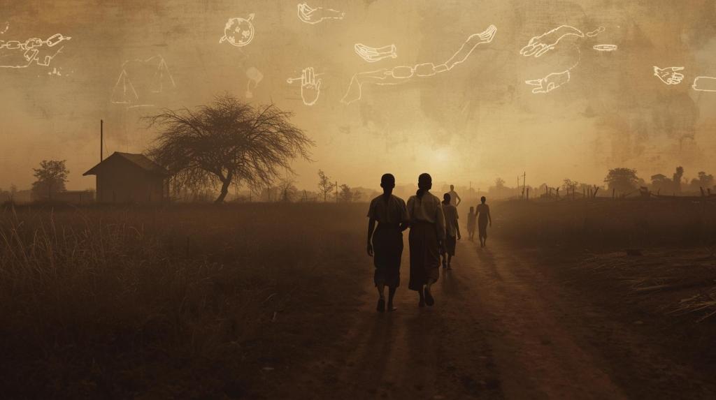 Faceless silhouettes of women walking through a dusty village landscape at dusk, reflecting exile, silence, and the hidden struggles of women banished to witch camps in Ghana.